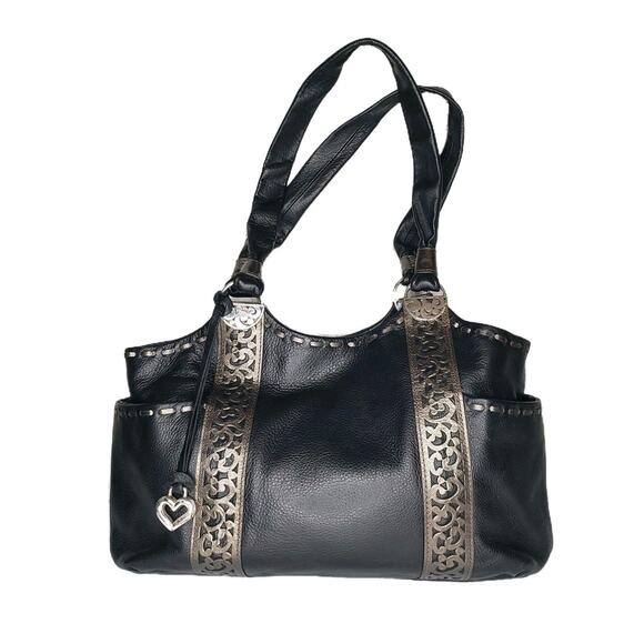 Brighton Black Soft Leather Handbag Silver Accents Two Handles Pockets - Picture 1 of 16